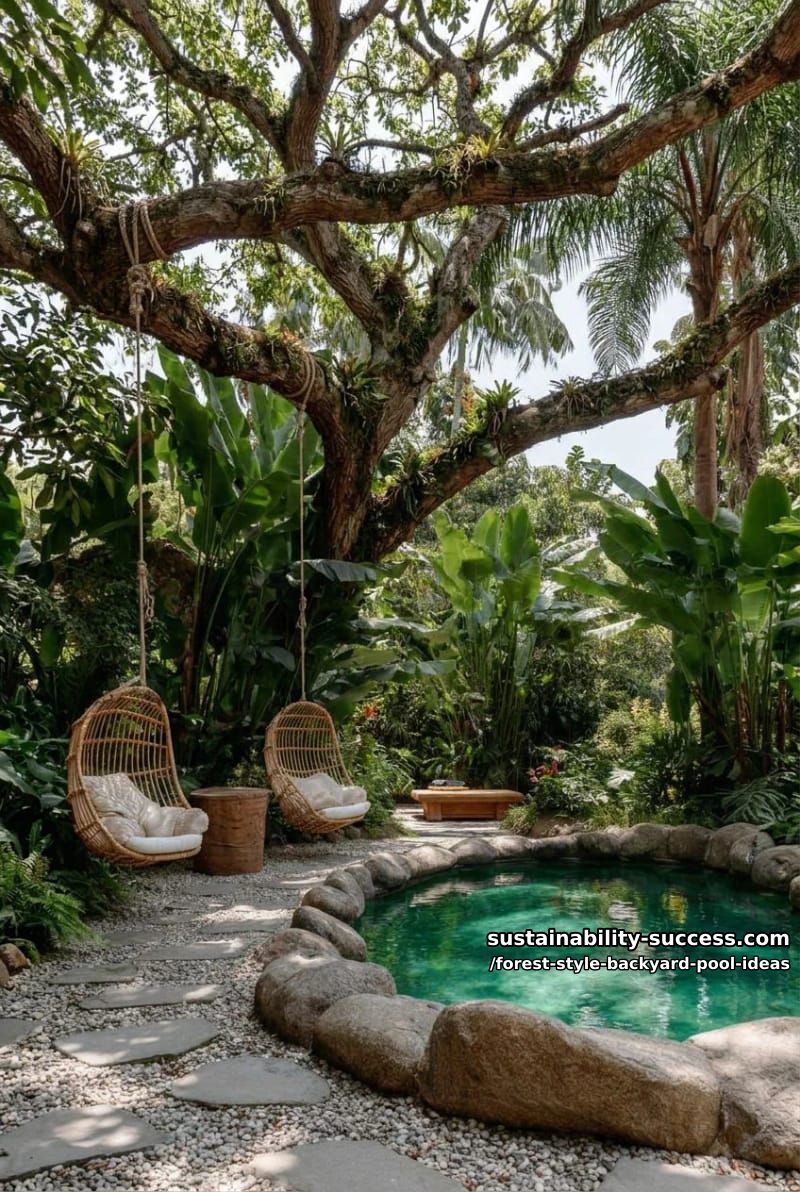 jungle plunge pool with tropical palms, oversized leaves, and hanging chairs 1