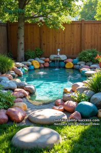 kid-friendly shallow pool with colorful river rocks and playful water spouts 13