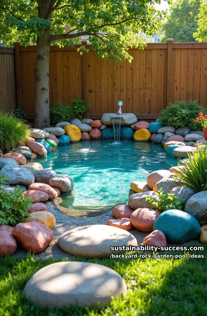 kid-friendly shallow pool with colorful river rocks and playful water spouts 13