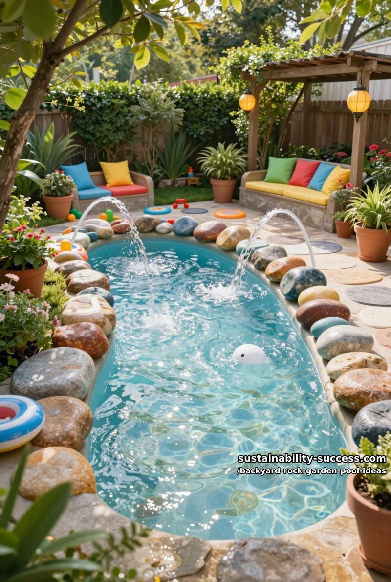 kid-friendly shallow pool with colorful river rocks and playful water spouts 1