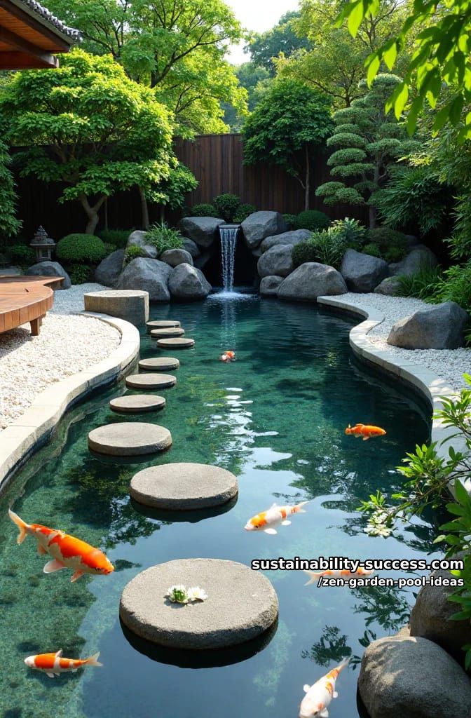 koi pond pool with circular stepping stones and zen water features 1