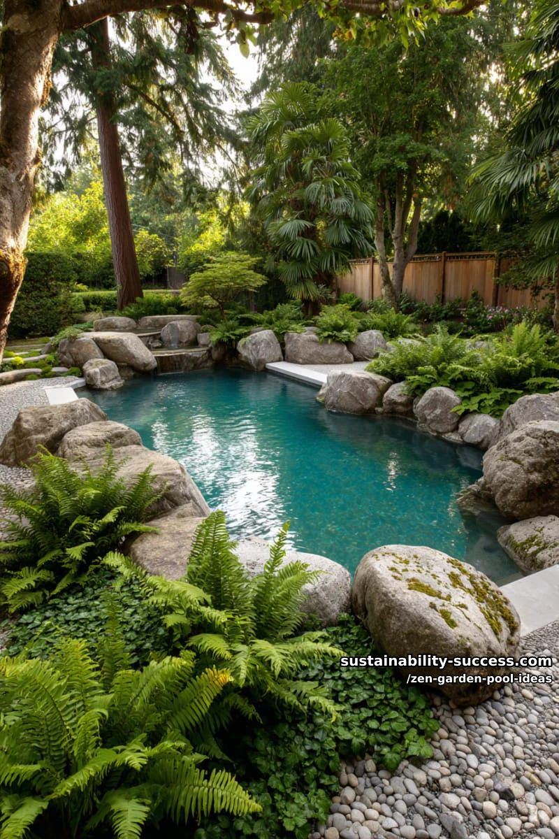 lagoon-style pool surrounded by mossy boulders and lush ferns 1