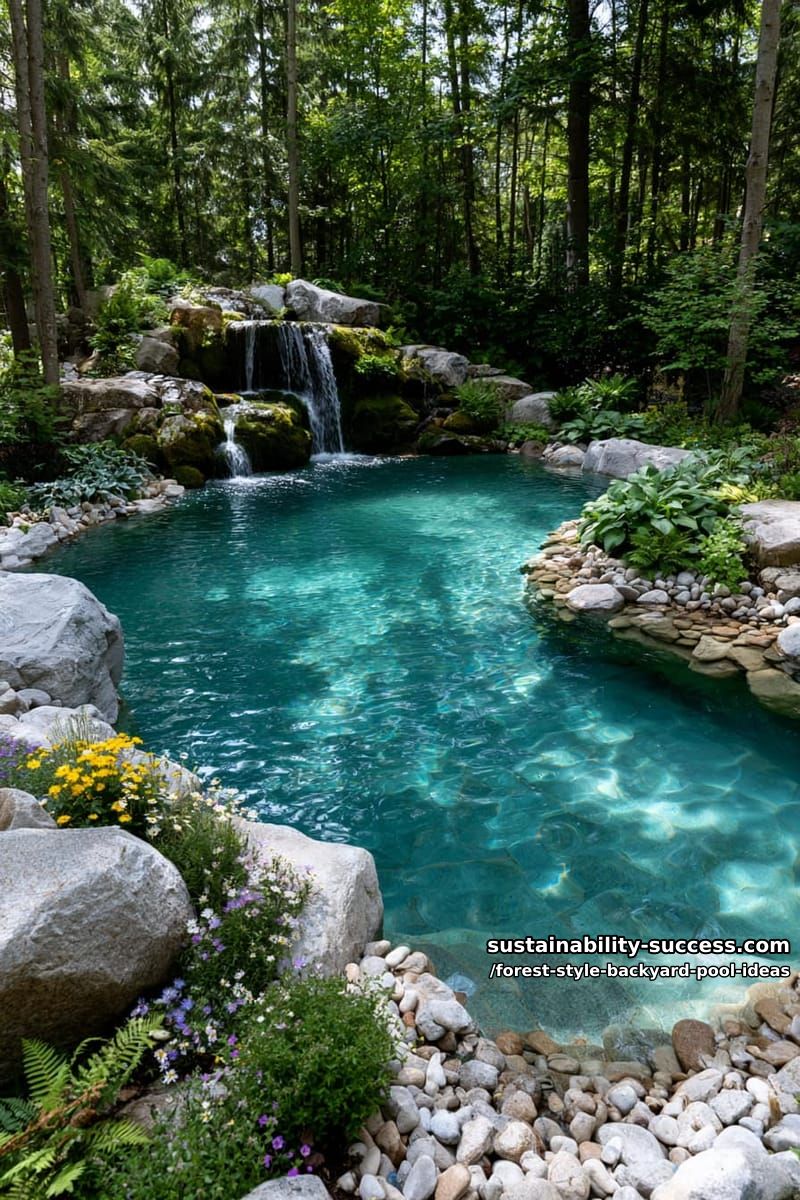 lagoon-style pool with a cascading rock waterfall and wildflowers 1