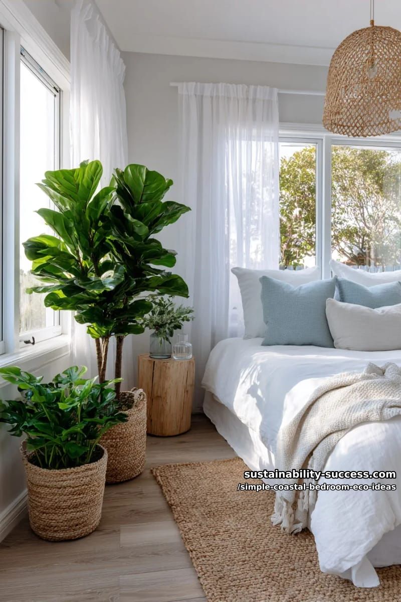 15 Coastal Decor for a Simple Eco-Friendly Bedroom 12 large leafy plants in woven baskets for coastal air purification 1