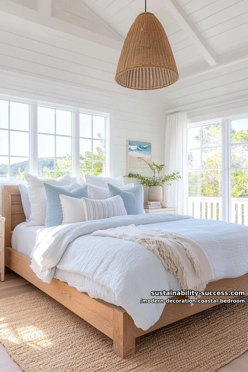 layer light blue and white linens with a chunky sand-colored knit throw. 1