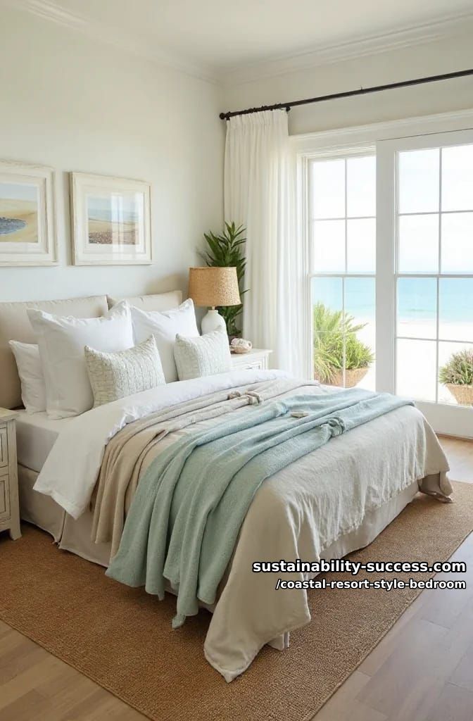 layered linen and cotton bedding in seafoam, sand, and crisp white tones. 1