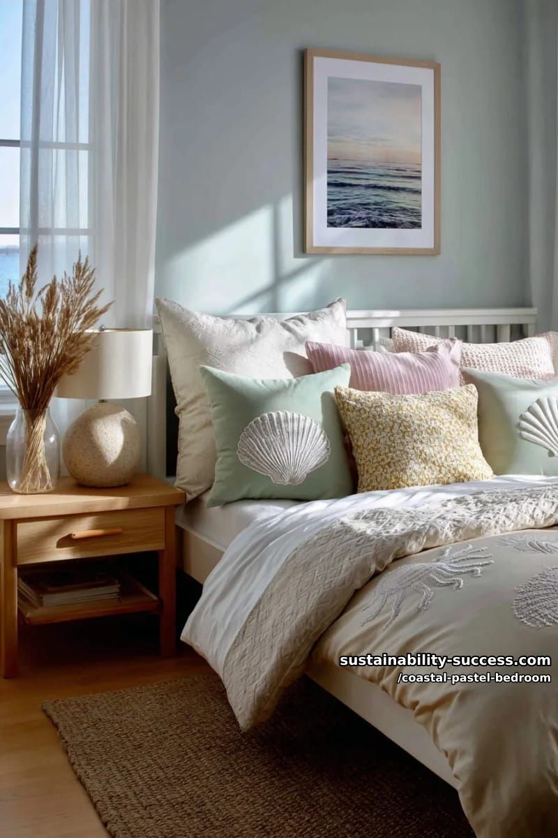 layered pastel and neutral pillows featuring shell, wave, and sun motifs 1