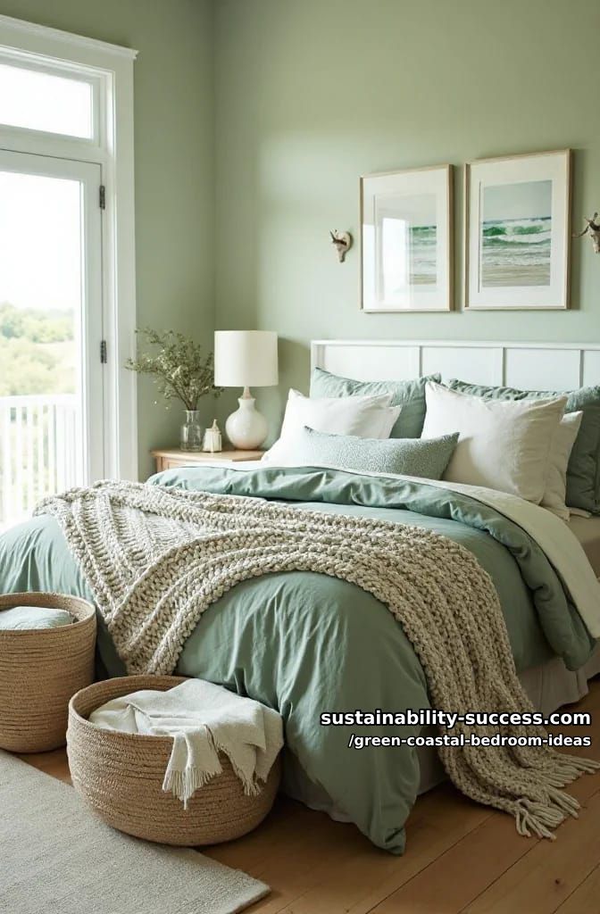 layered sage green linens with chunky knit throws and rattan baskets 1