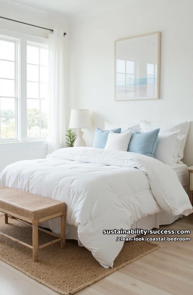 15 Clean Coastal Bedroom Ideas for a Serene Retreat 3 layered white bedding with soft blue throw pillows and a rattan bench 1