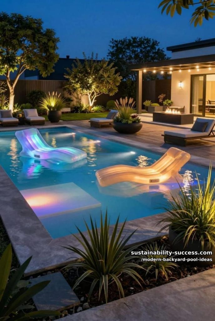 led-lit floating loungers for dramatic nighttime poolside ambiance 4