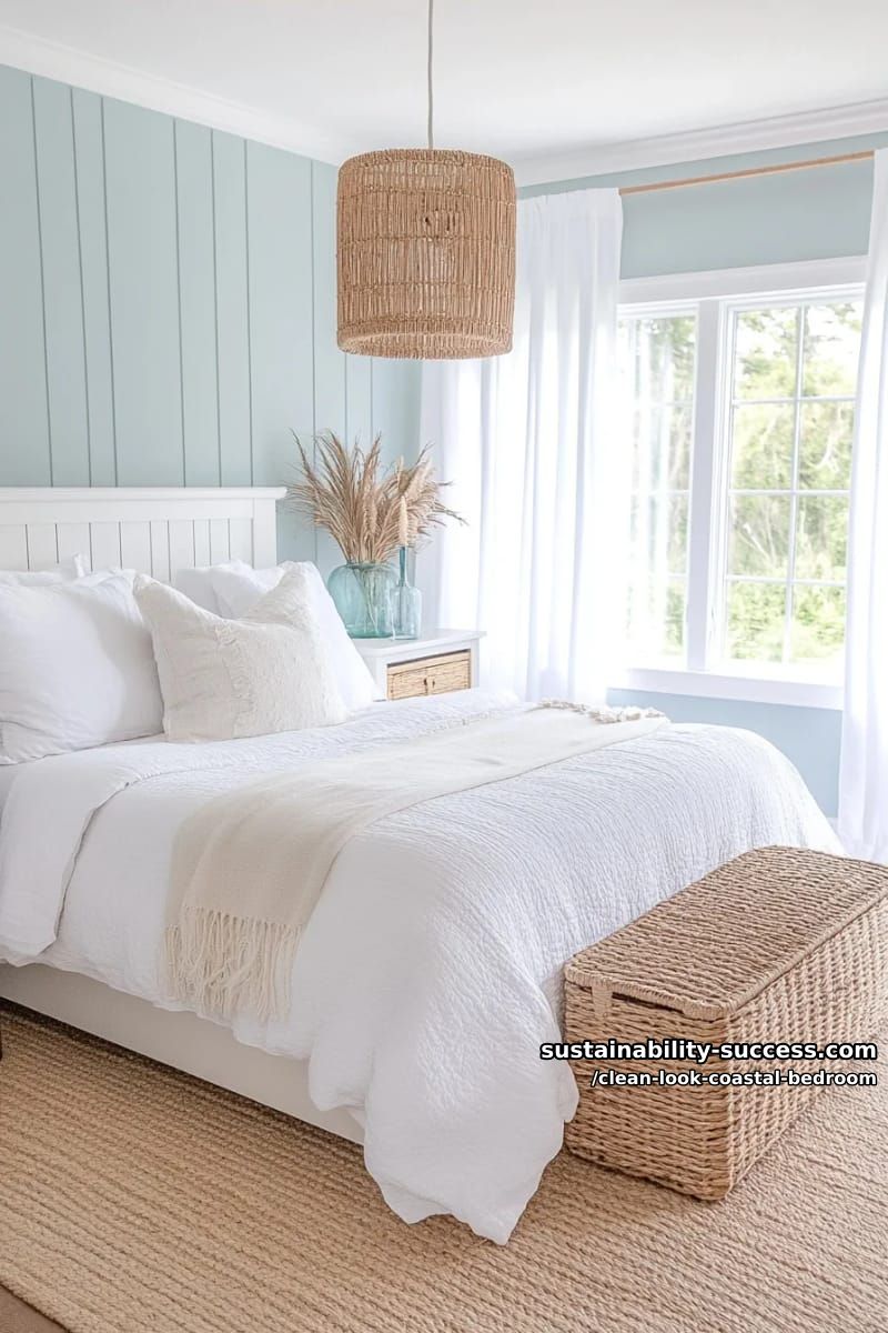 15 Clean Coastal Bedroom Ideas for a Serene Retreat 7 light blue accent wall with white shiplap trim and woven pendant lighting 1