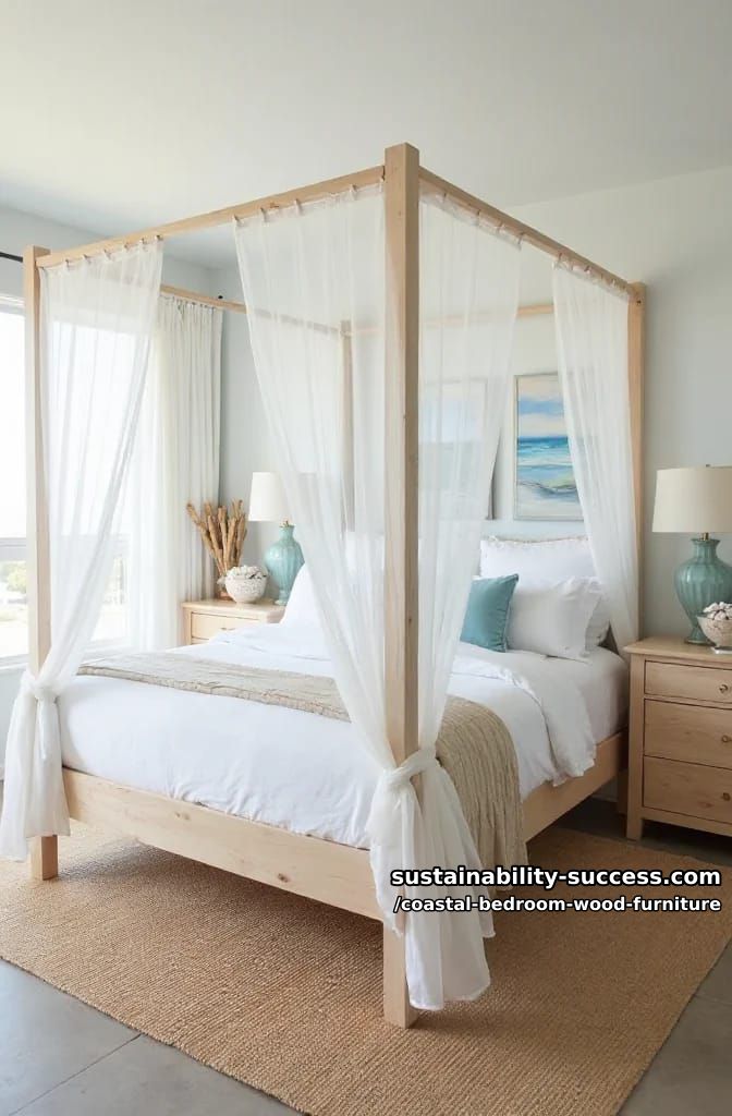 light pine four-poster bed with airy gauze canopy and coastal artwork 1