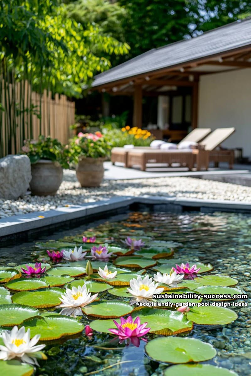 lily pad filled pool with natural pebbles and aquatic flowers 1