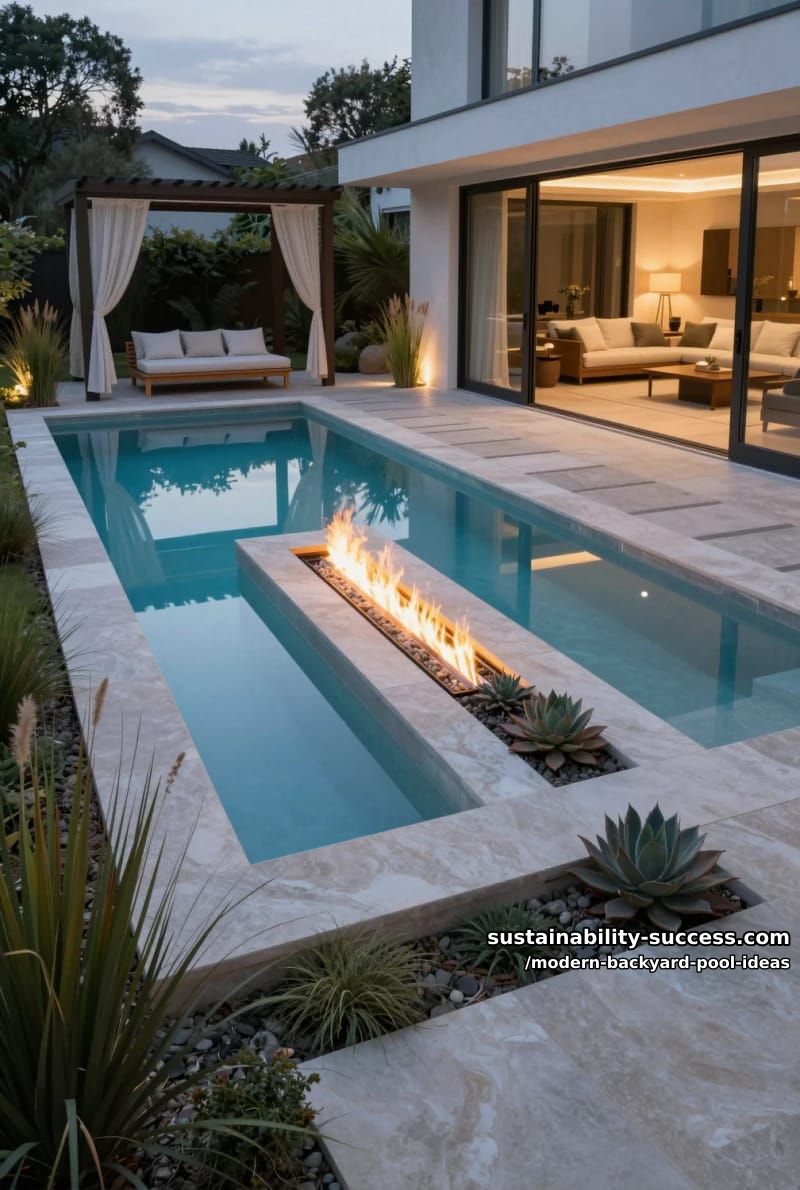 linear gas fire feature running parallel to crystal-clear lap pool 1