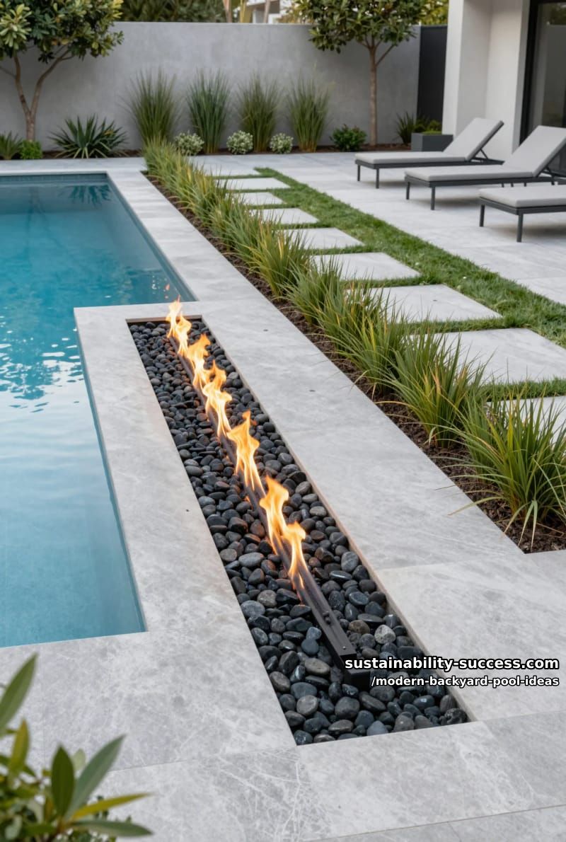 linear gas fire feature running parallel to crystal-clear lap pool 1