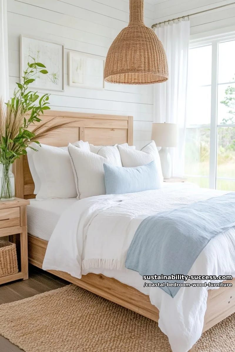 low-profile wooden bed with hand-knotted jute rug and linen pillows 1