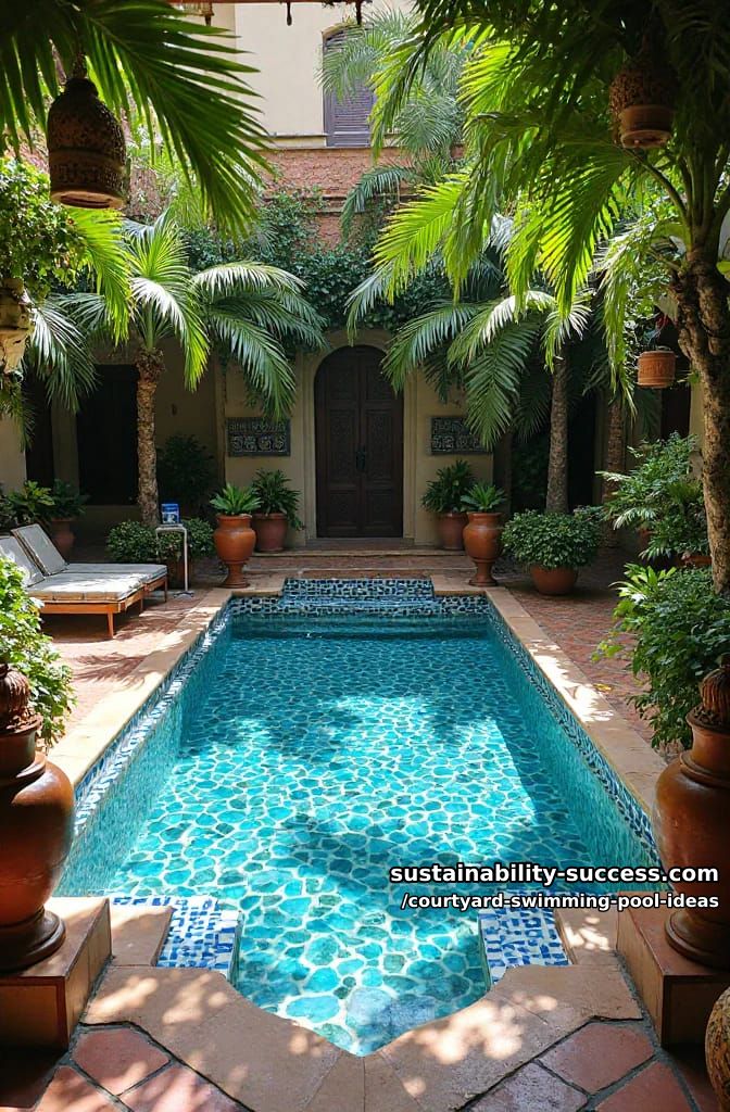 lush courtyard with mosaic-tiled swimming pool with moroccan lanterns and terracotta urns 9