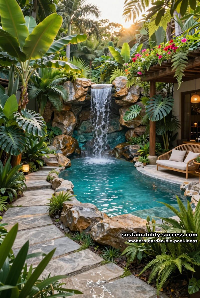 lush grotto-inspired pool with cascading waterfall and tropical foliage 1