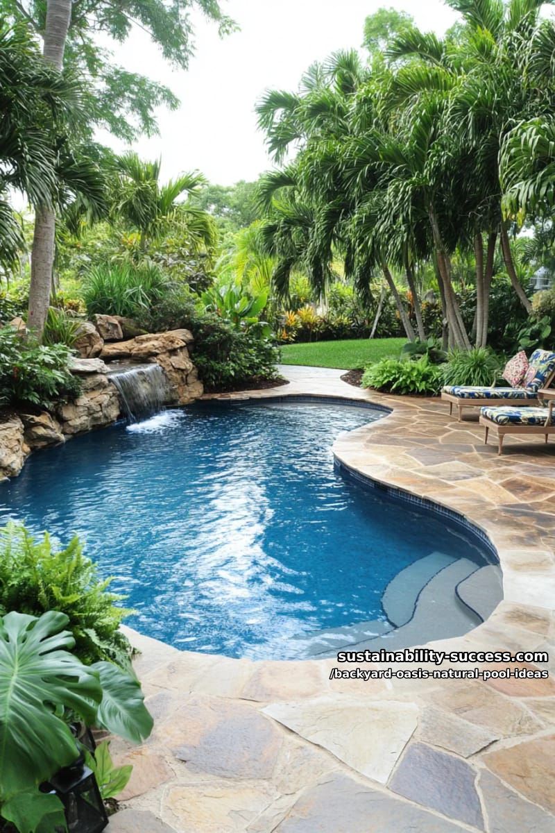 lush stone-rimmed pool with cascading waterfall and wild ferns surrounding the water 1
