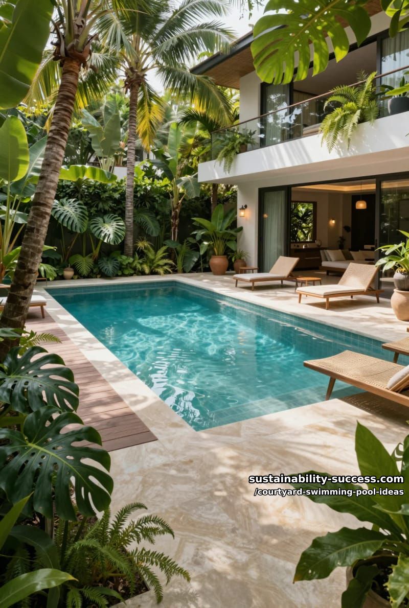 lush tropical courtyard garden with modern rectangular swimming pool 1