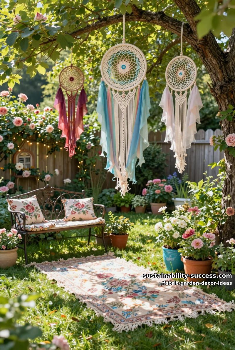 macrame and fabric ribbon dreamcatchers hung from tree branches 1