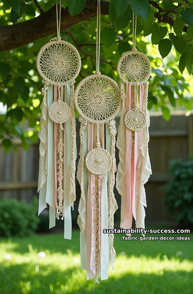 macrame and fabric ribbon dreamcatchers hung from tree branches 1