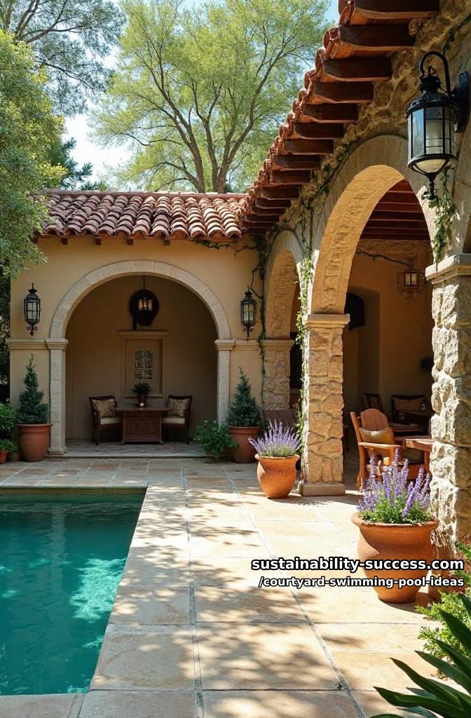 mediterranean courtyard with swimming pool and rustic arched patio 1