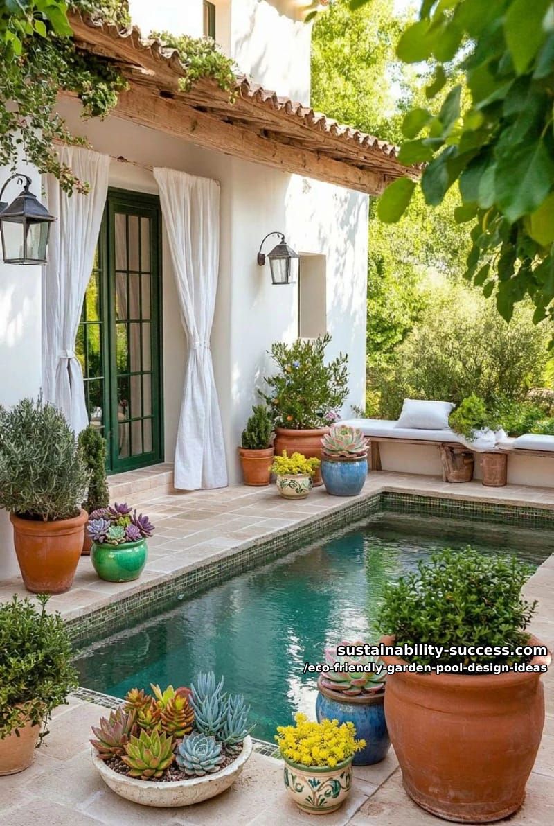 mediterranean-inspired courtyard pool with terracotta pots and succulents 1