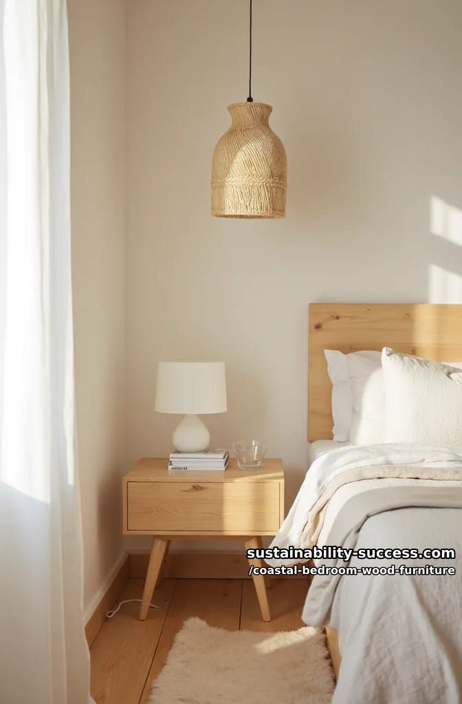 mid-century wood bedside table, ceramic table lamp, and hanging woven pendant 1