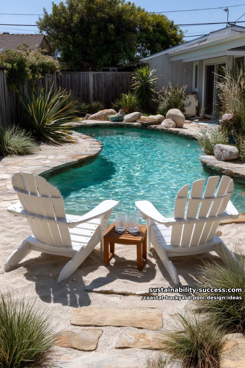 mini beach zone with real sand and adirondack chairs by the water 1