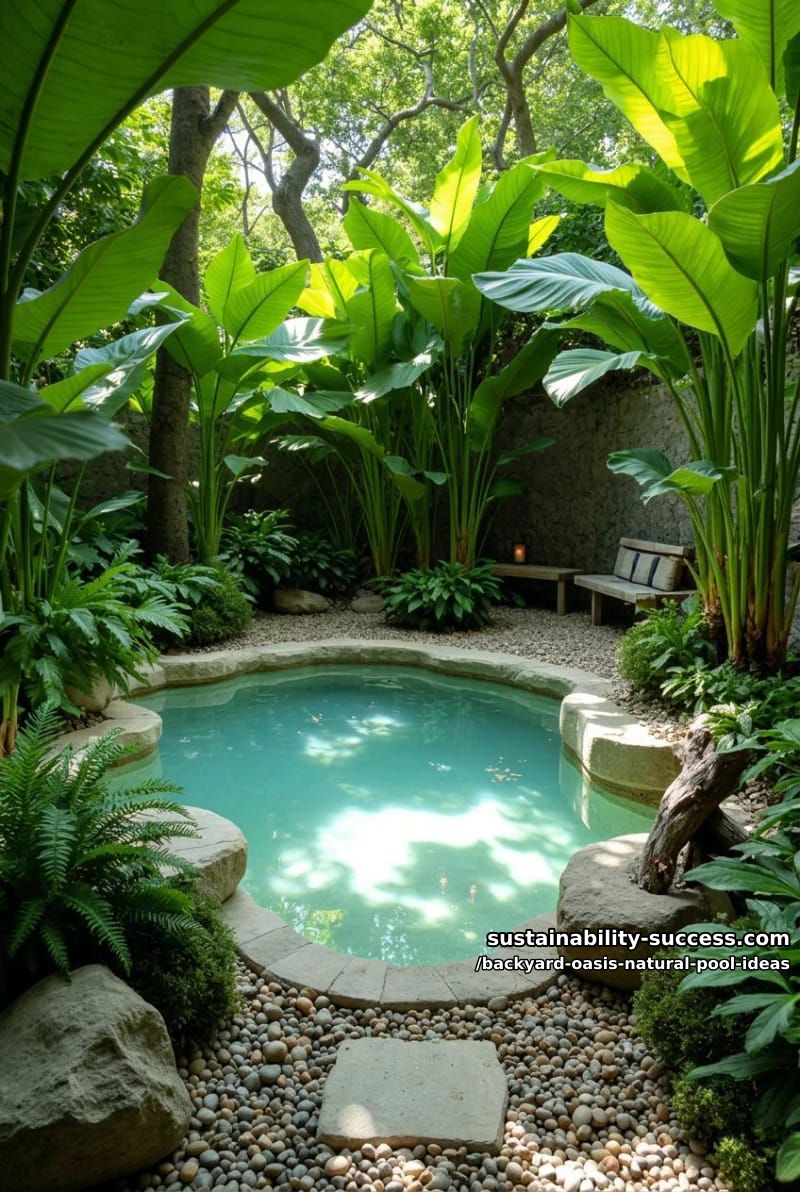 mini plunge pool with pebble beach entry among giant leafy hosta plants 1