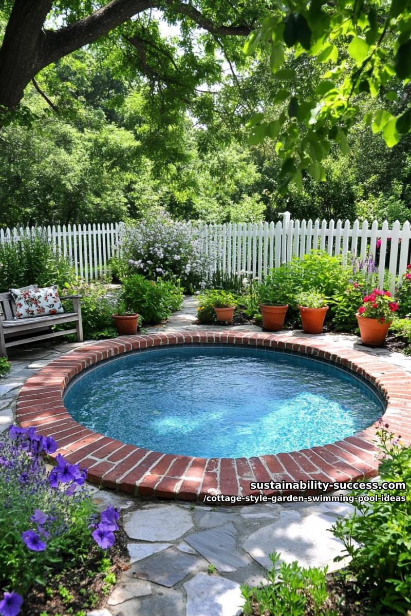 mini pool with rustic brick border nestled in a circular cottage garden 1