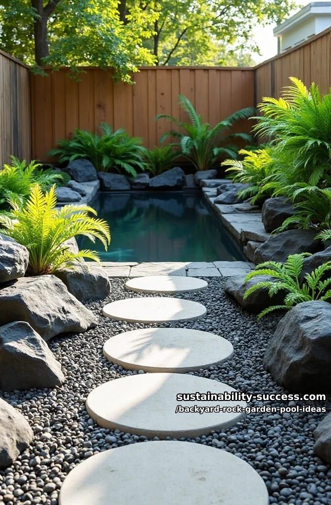 minimalist black rock accents with vibrant green ferns and round stepping stones 1