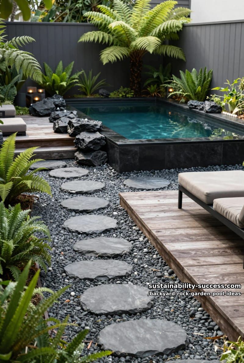 minimalist black rock accents with vibrant green ferns and round stepping stones 1