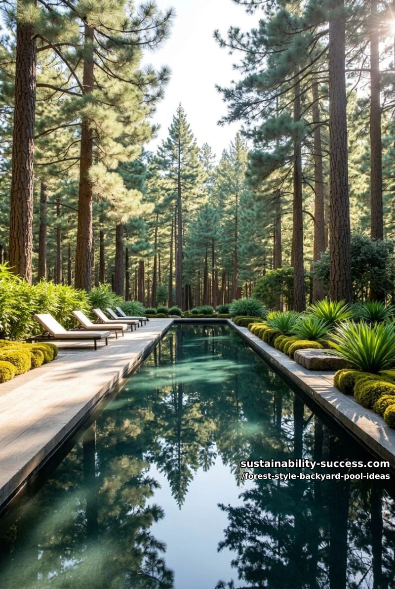 minimalist black tiled pool framed by towering pines and mossy stonework 1