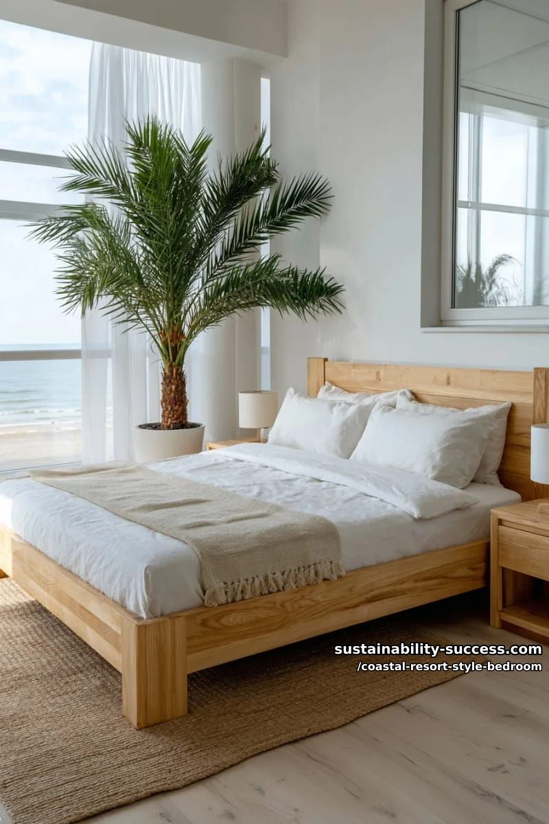 minimalist coastal look: clean lines, light oak, and a single palm tree. 1