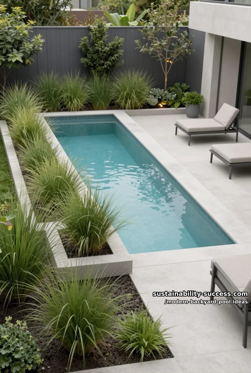minimalist rectangular pool edged with sculptural grasses and concrete planters 1