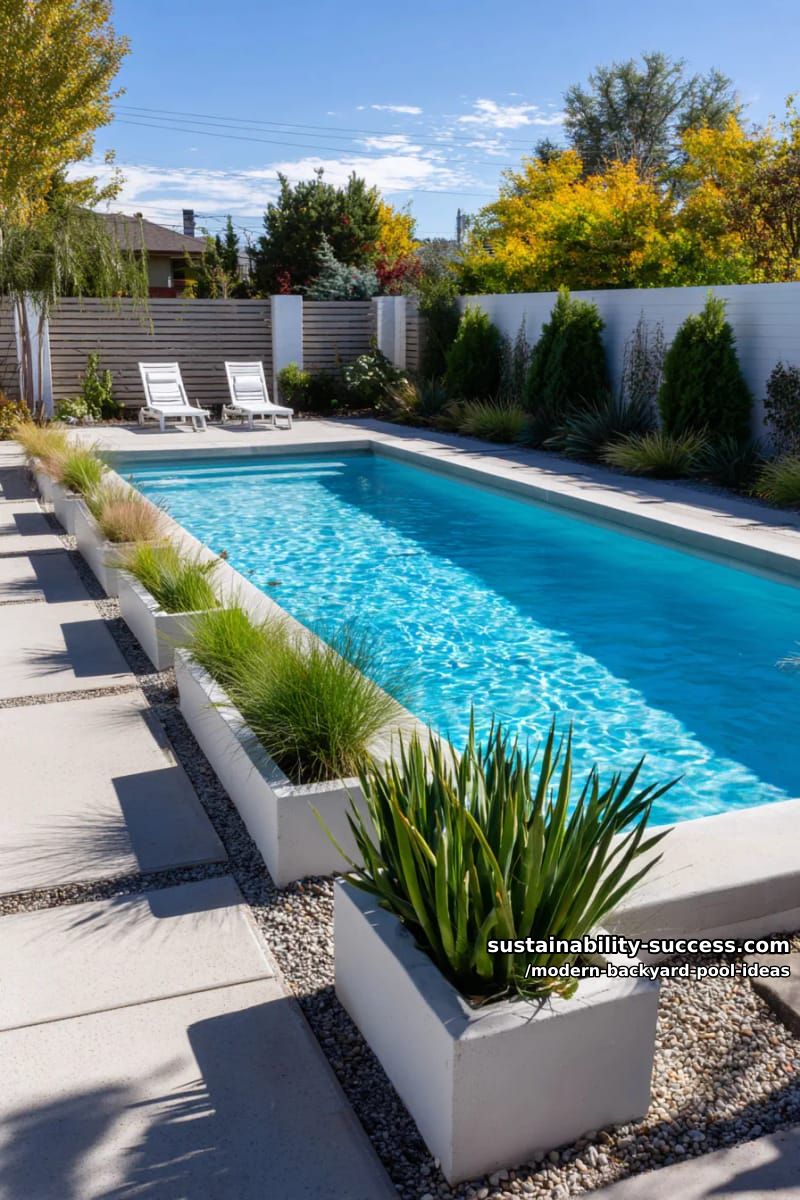 minimalist rectangular pool edged with sculptural grasses and concrete planters 1