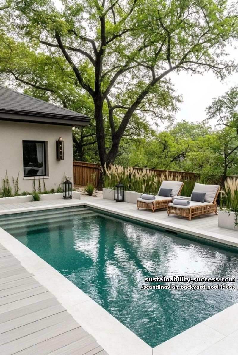 minimalist rectangular pool surrounded by pale wooden decking and white stone pavers 1