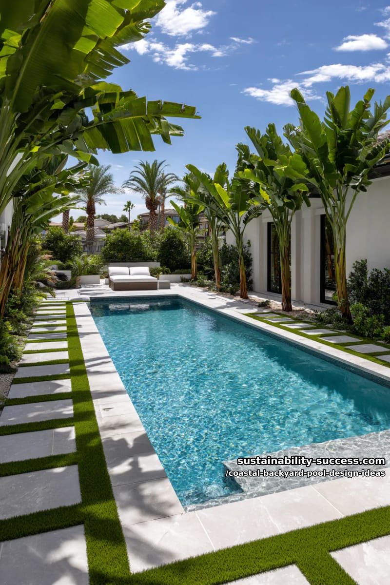 minimalist rectangular pool with crisp turf strips and lush banana palms 1