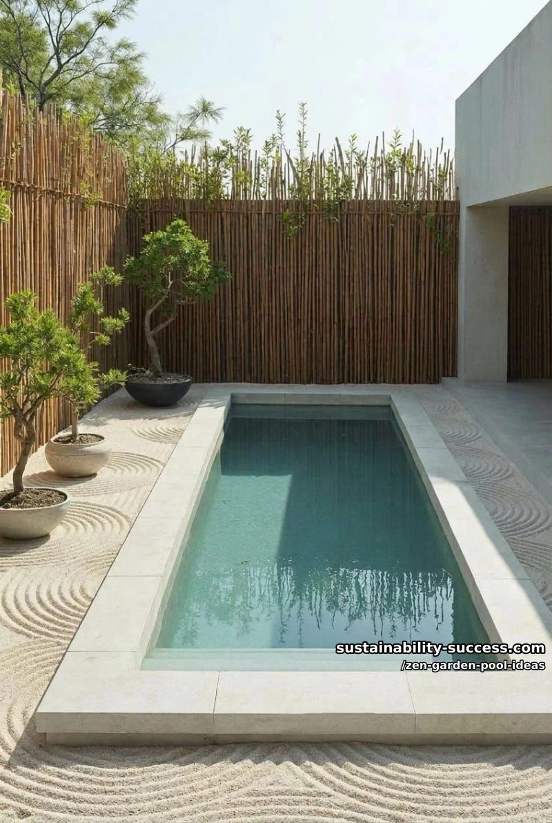 minimalist rectangular pool with raked gravel borders and potted bonsai trees 1