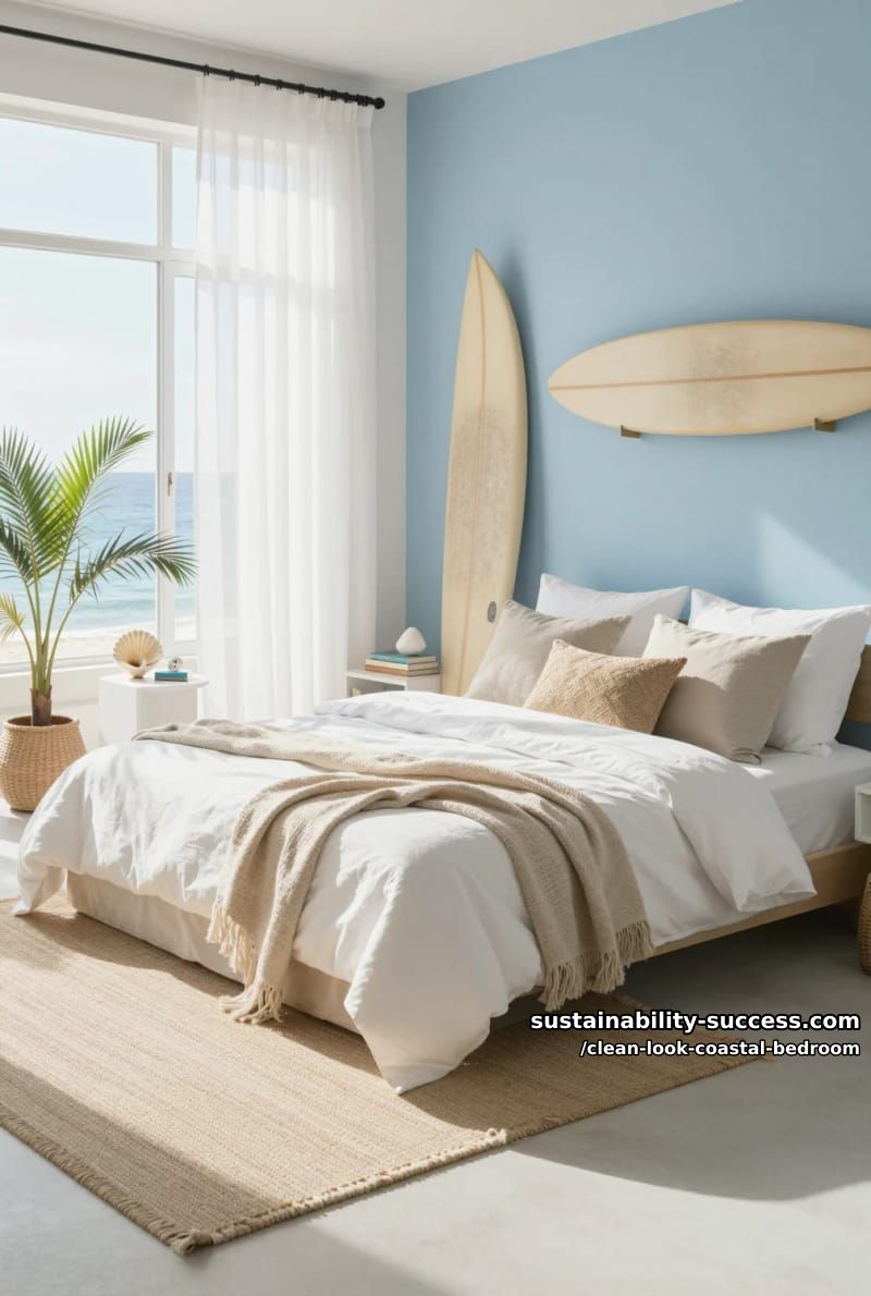 15 Clean Coastal Bedroom Ideas for a Serene Retreat 14 minimalist surfboard decor, sky blue wall, airy white drapes, neutral tones 1