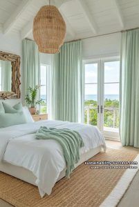 minty green curtains with woven rope lamps and driftwood mirrors 14