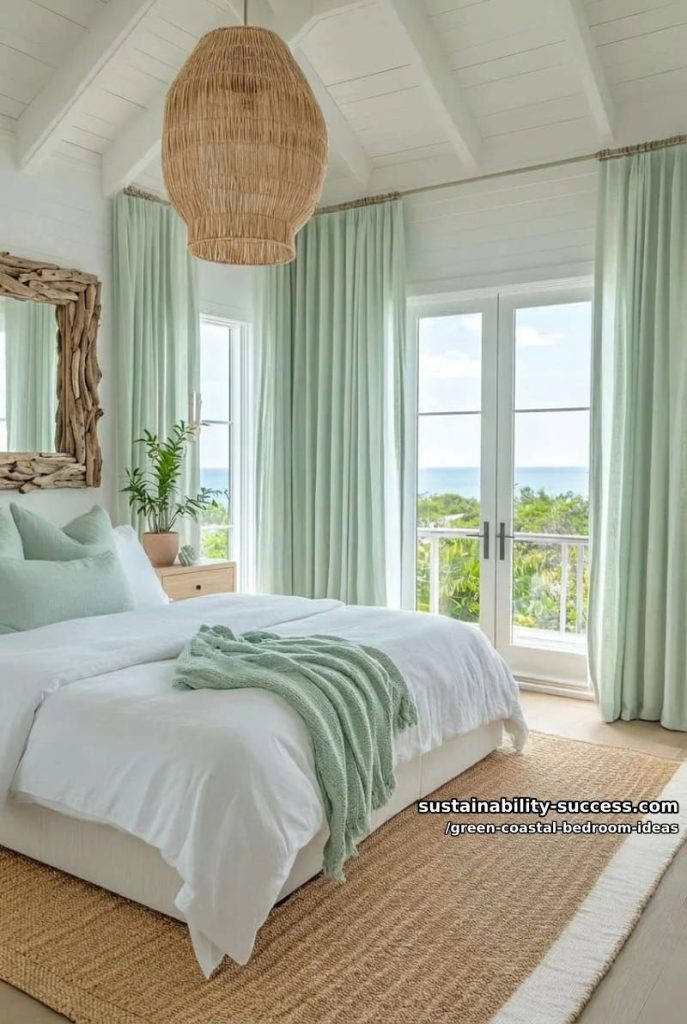 minty green curtains with woven rope lamps and driftwood mirrors 14