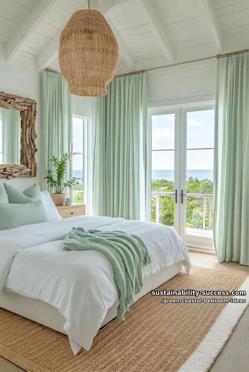 minty green curtains with woven rope lamps and driftwood mirrors 1