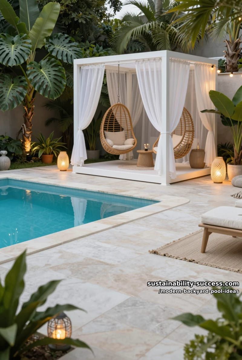 modern cabana with draped curtains and hanging rattan chairs beside pool 1