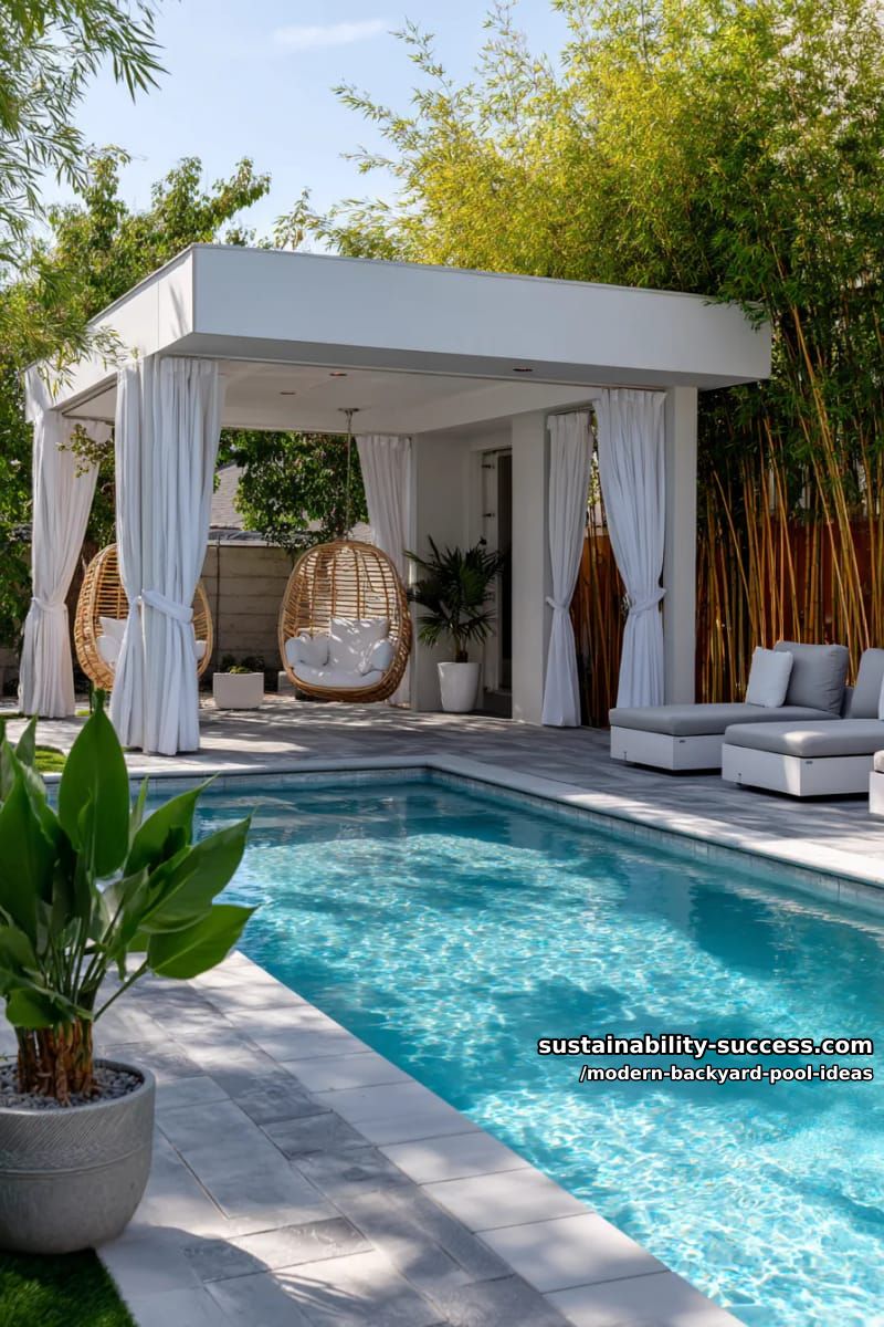 modern cabana with draped curtains and hanging rattan chairs beside pool 1