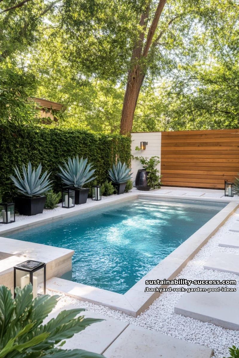 modern geometric plunge pool framed by white gravel and sculptural agave 1