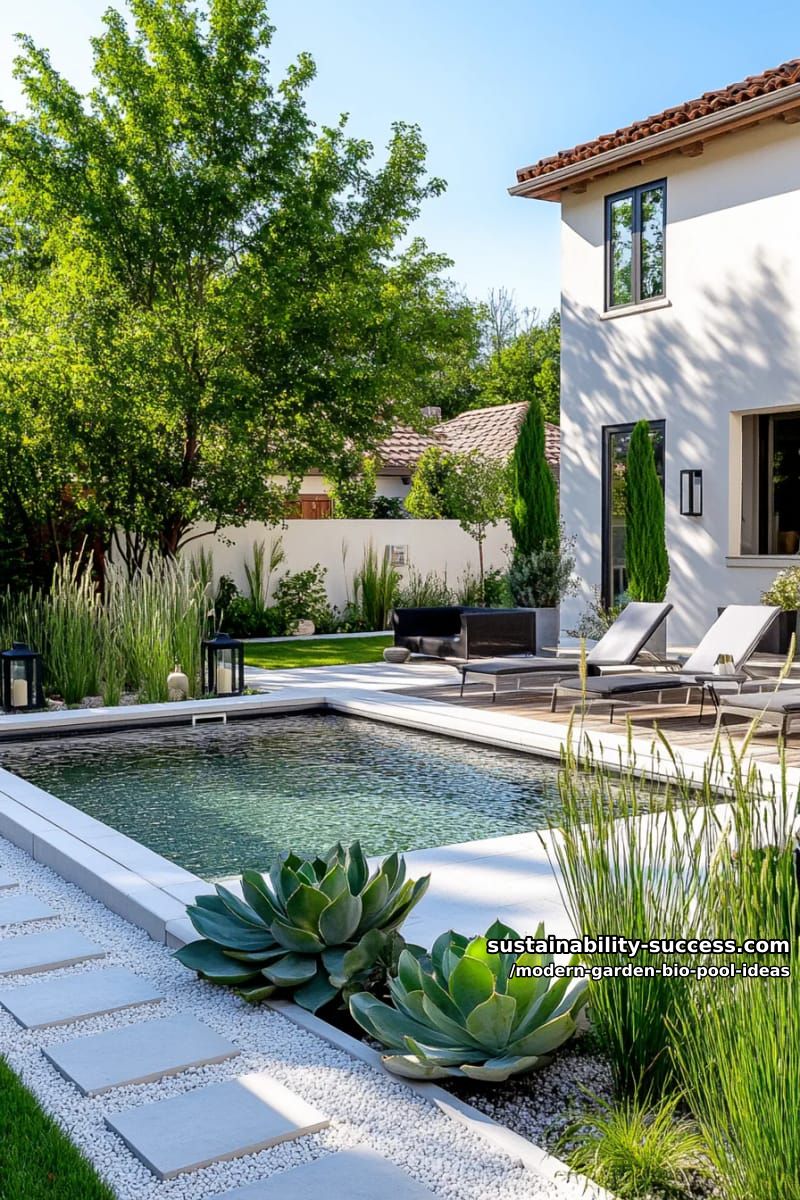 modern minimalist garden pool with white gravel, succulents, and geometric stepping stones 1