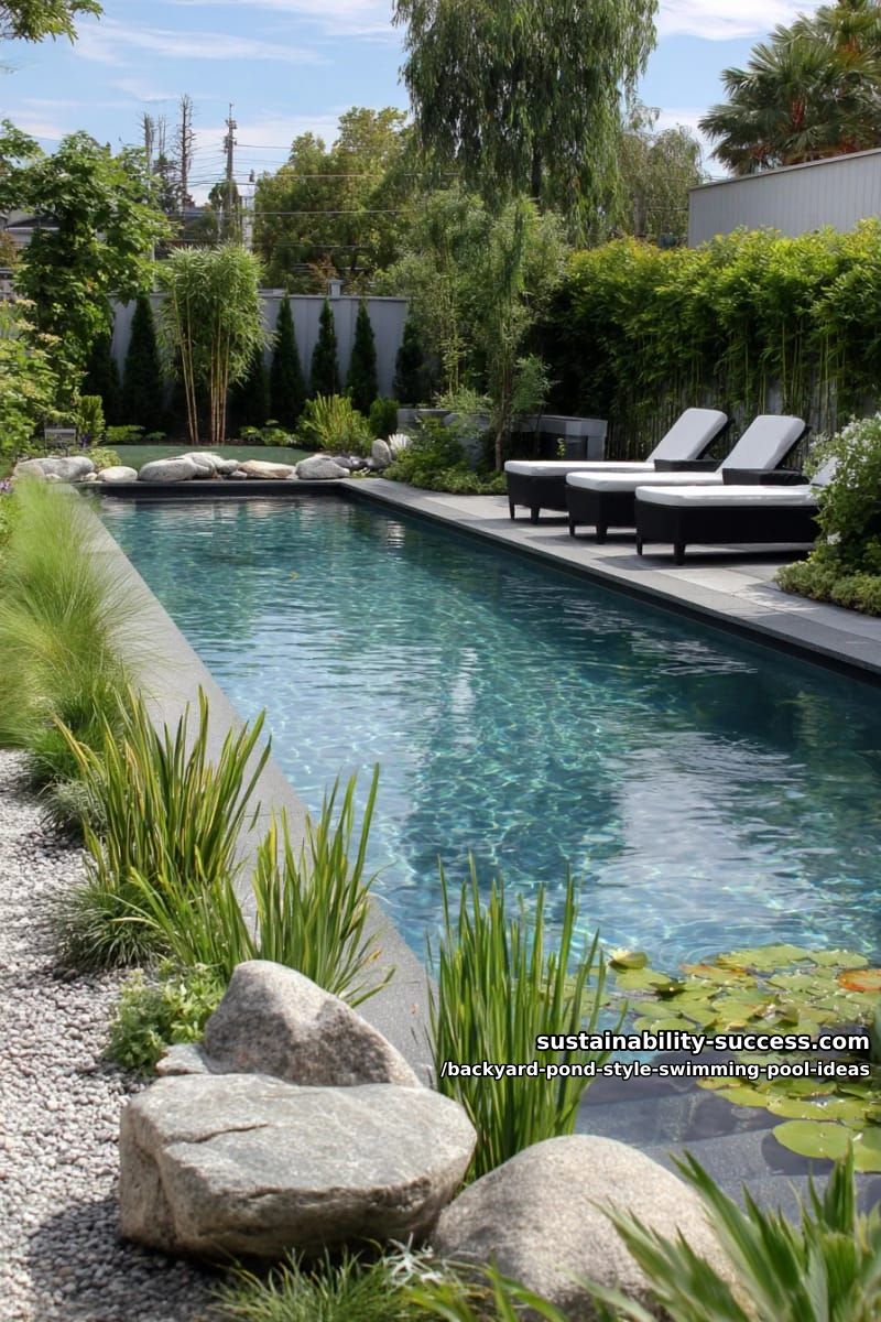 modern pond swimming pool with tanning ledge and minimalist aquatic plants 1